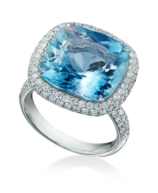White Gold Cushion-Cut Aquamarine and Diamond Halo Ring